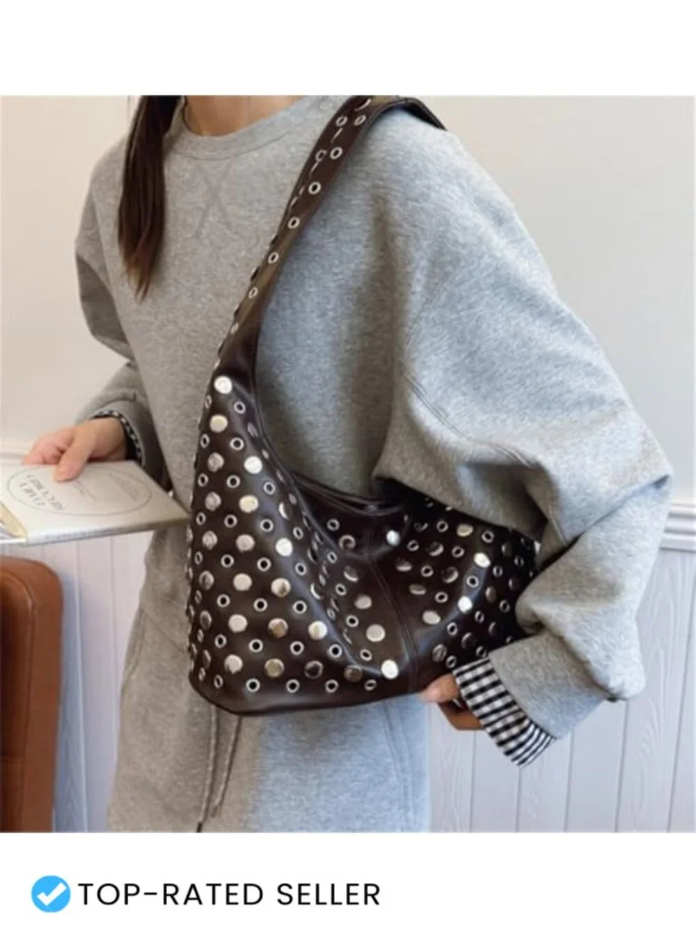 Studded PU Leather Slouchy Hobo Handbag Women Satchel Shoulder Tote Underarm